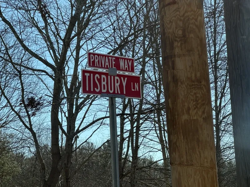 Street signs for Tisbury Ln and Private Way with trees and utility poles behind them.