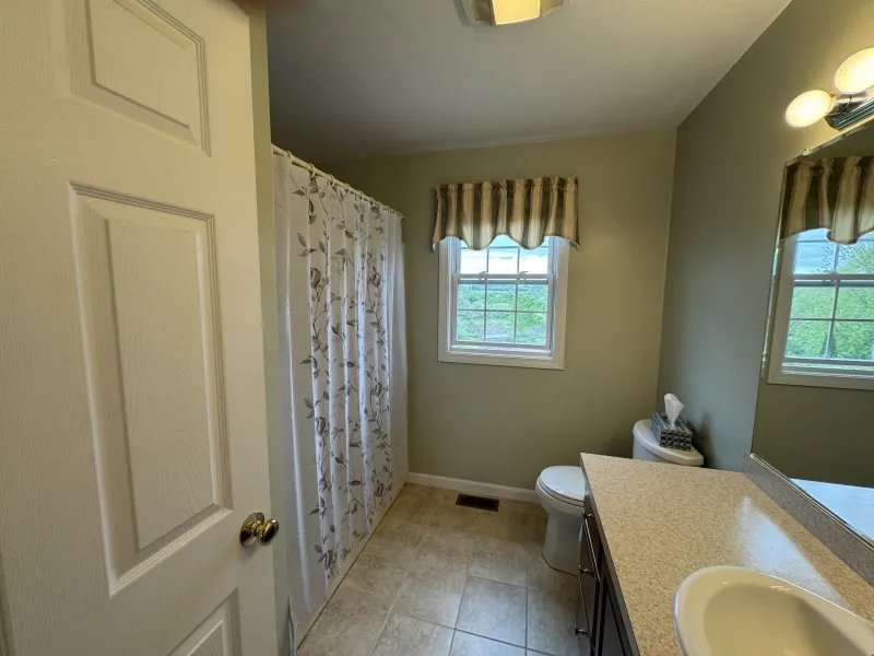 Bathroom with a shower curtain, toilet, vanity, and window with patterned curtains.