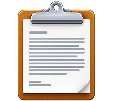 Clipboard with a brown frame holding a paper sheet with text lines and a curled corner.