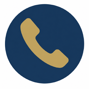 Gold telephone handset icon on a navy blue circular background.